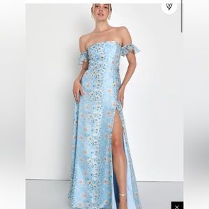 Lulu’s “Endless Blooms Blue Floral Organza Off-the-Shoulder Maxi Dress”